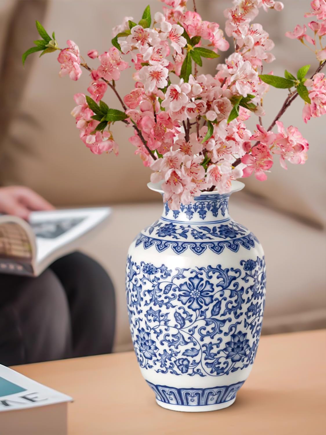 9 Inch Blue and White Ceramic Vase with Lotus Pattern