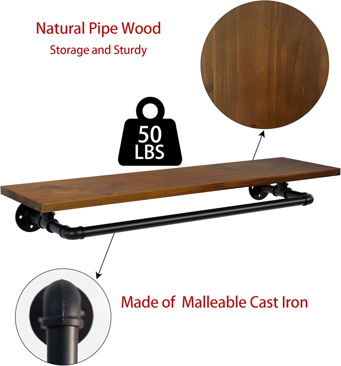 Tediduwa Bathroom Shelf with Towel Bar 36 Inch Floating Industrial Wood Shelf
