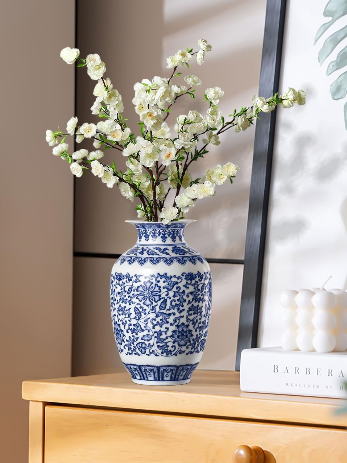 9 Inch Blue and White Ceramic Vase with Lotus Pattern