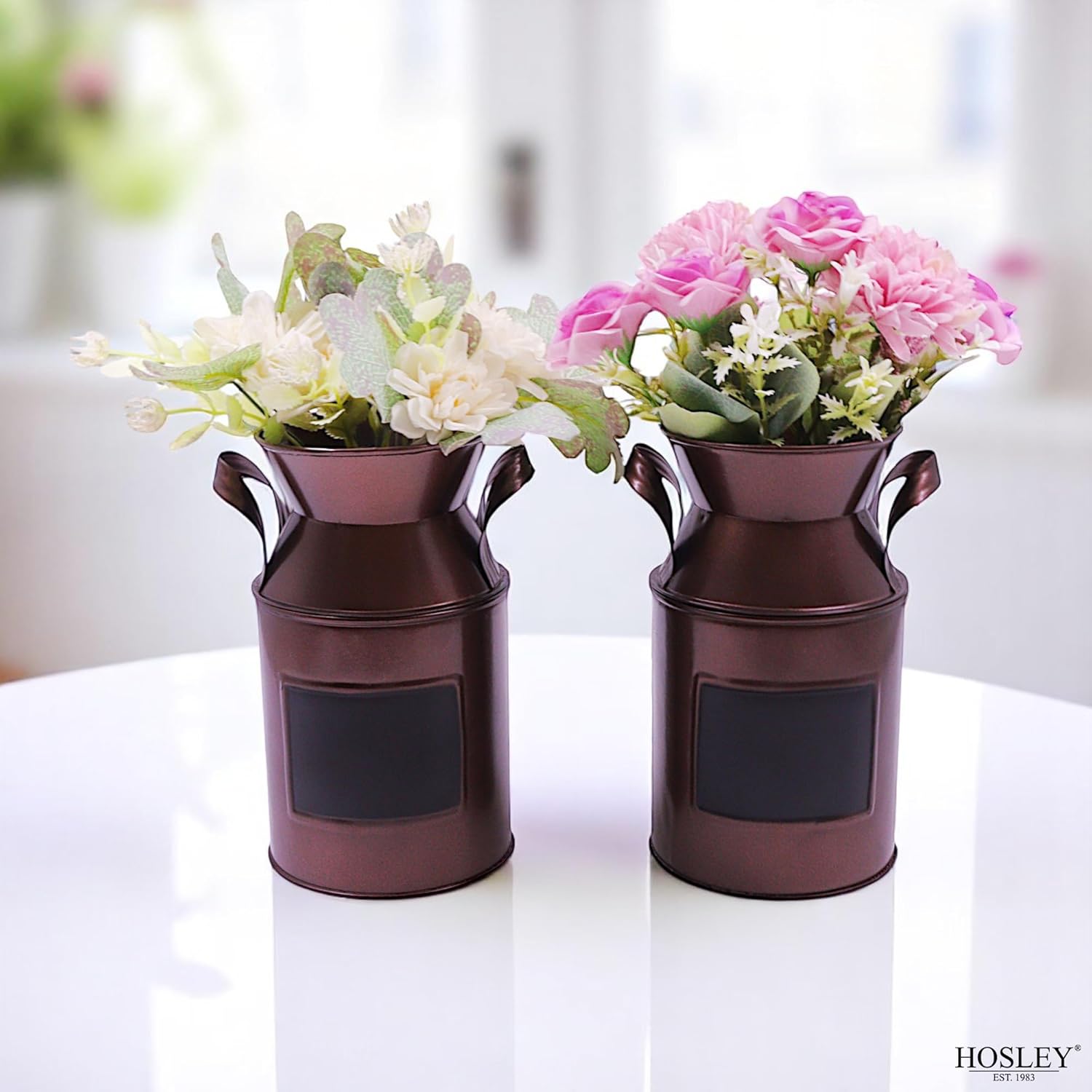 Hosley Set of 2 Antique Bronze Metal Chalkboard Milk Can Vase