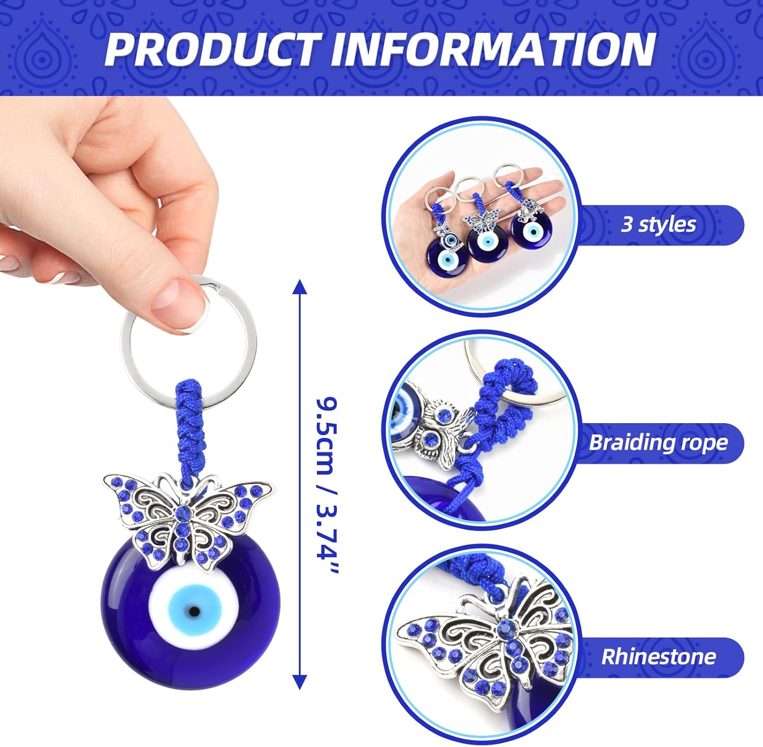3pcs Blue Evil Eye Keychain with Butterfly Elephant Owl Hanging Ornament