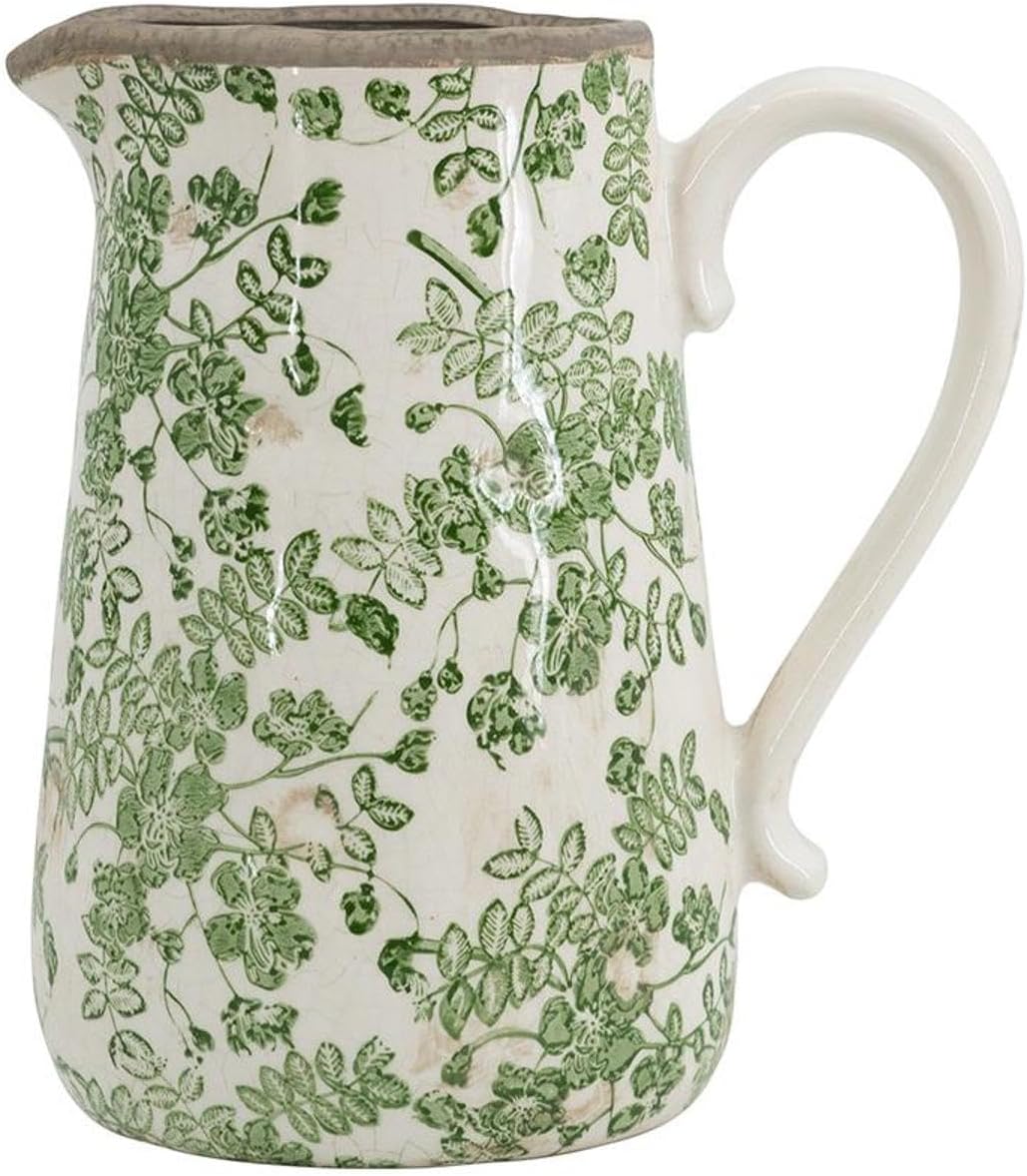9 Inch Tall White Ceramic Pitcher with Green Floral Motif