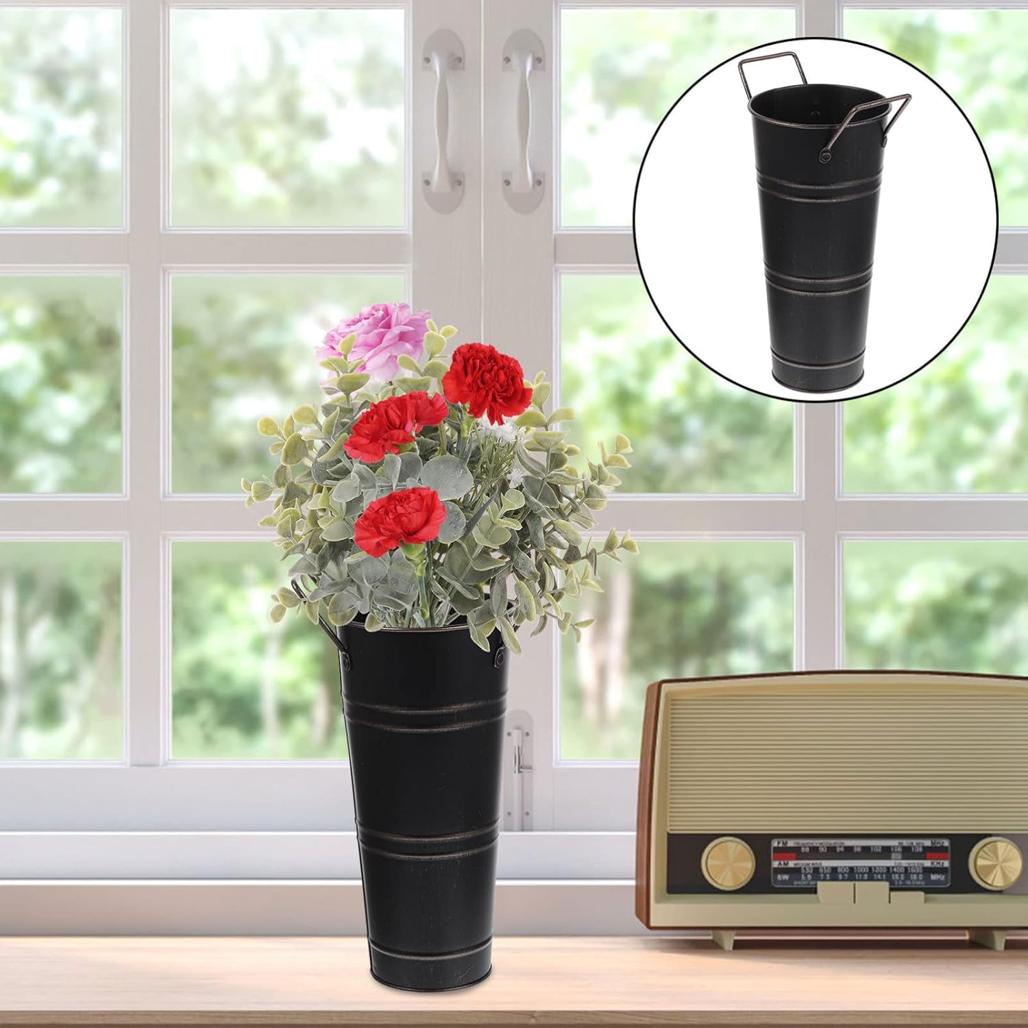 Beavorty Metal Flower Vase Bucket Rustic Decorative Planter Black