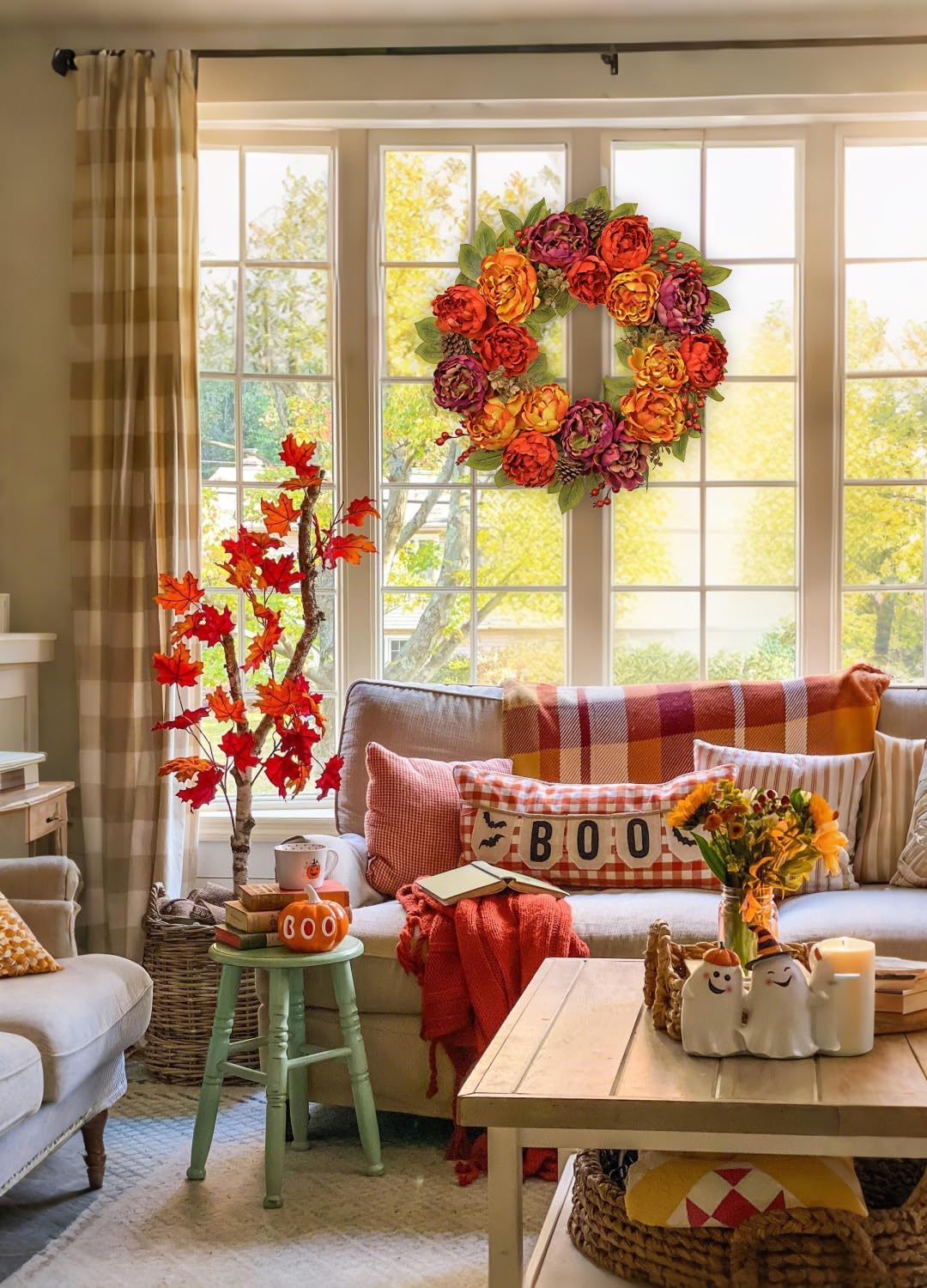 Arborus 24 Inch Fall Wreath with Peonies and Maple Leaves