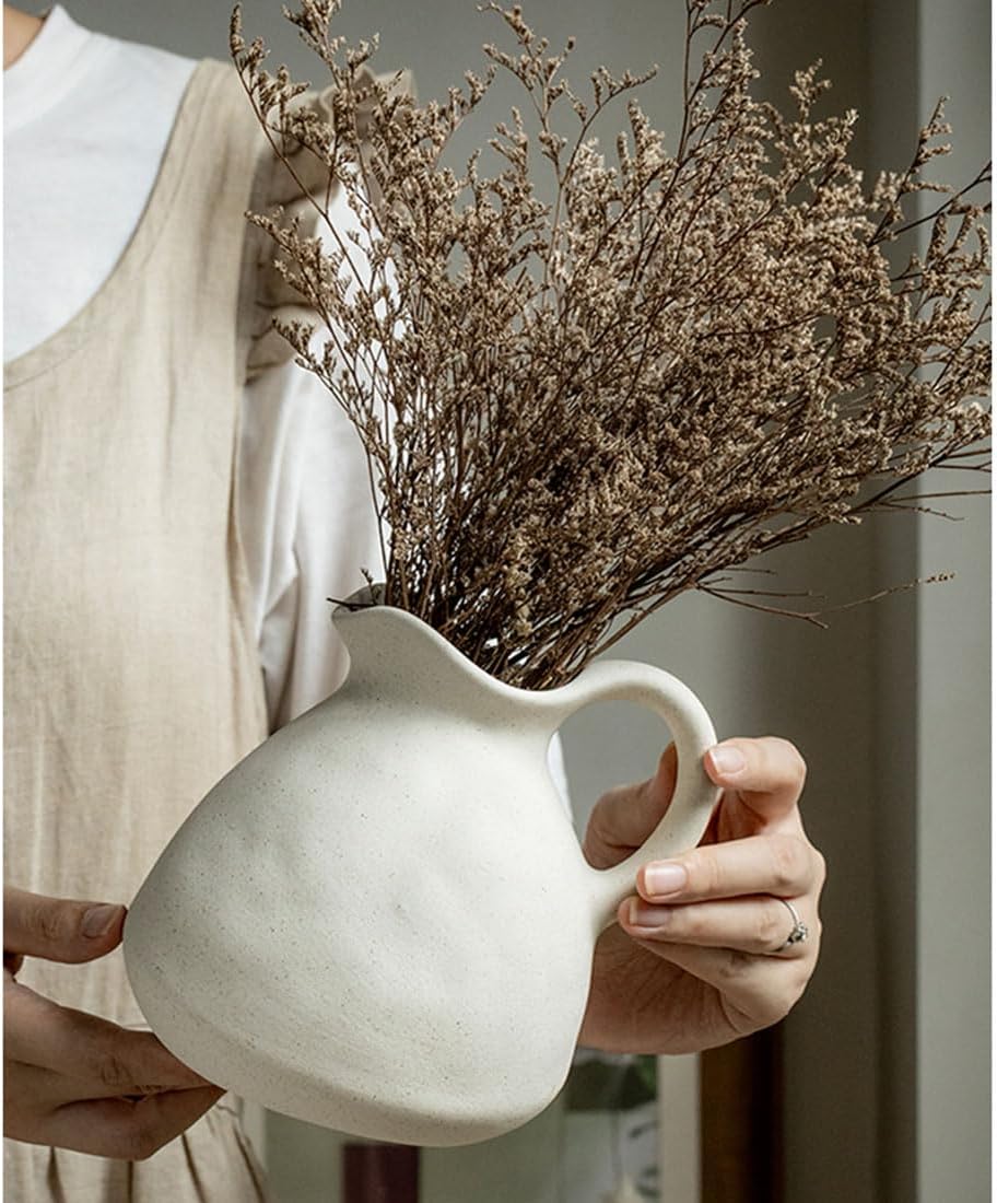 White Ceramic Vase with Handle for Flowers and Decor