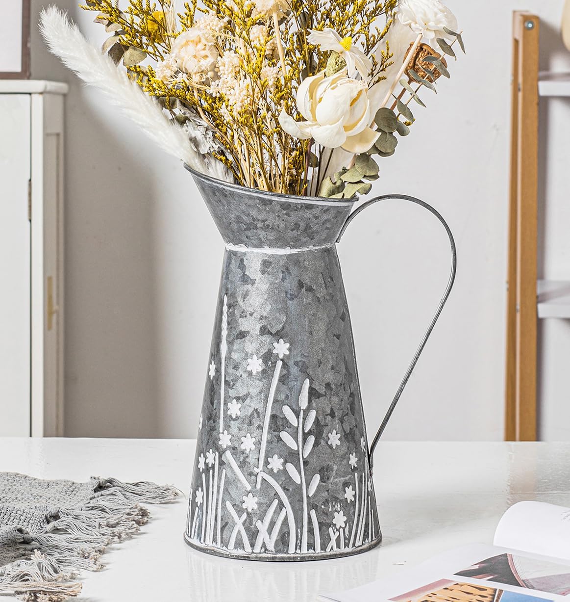 Vintage Galvanized Metal Pitcher Vase with Handle