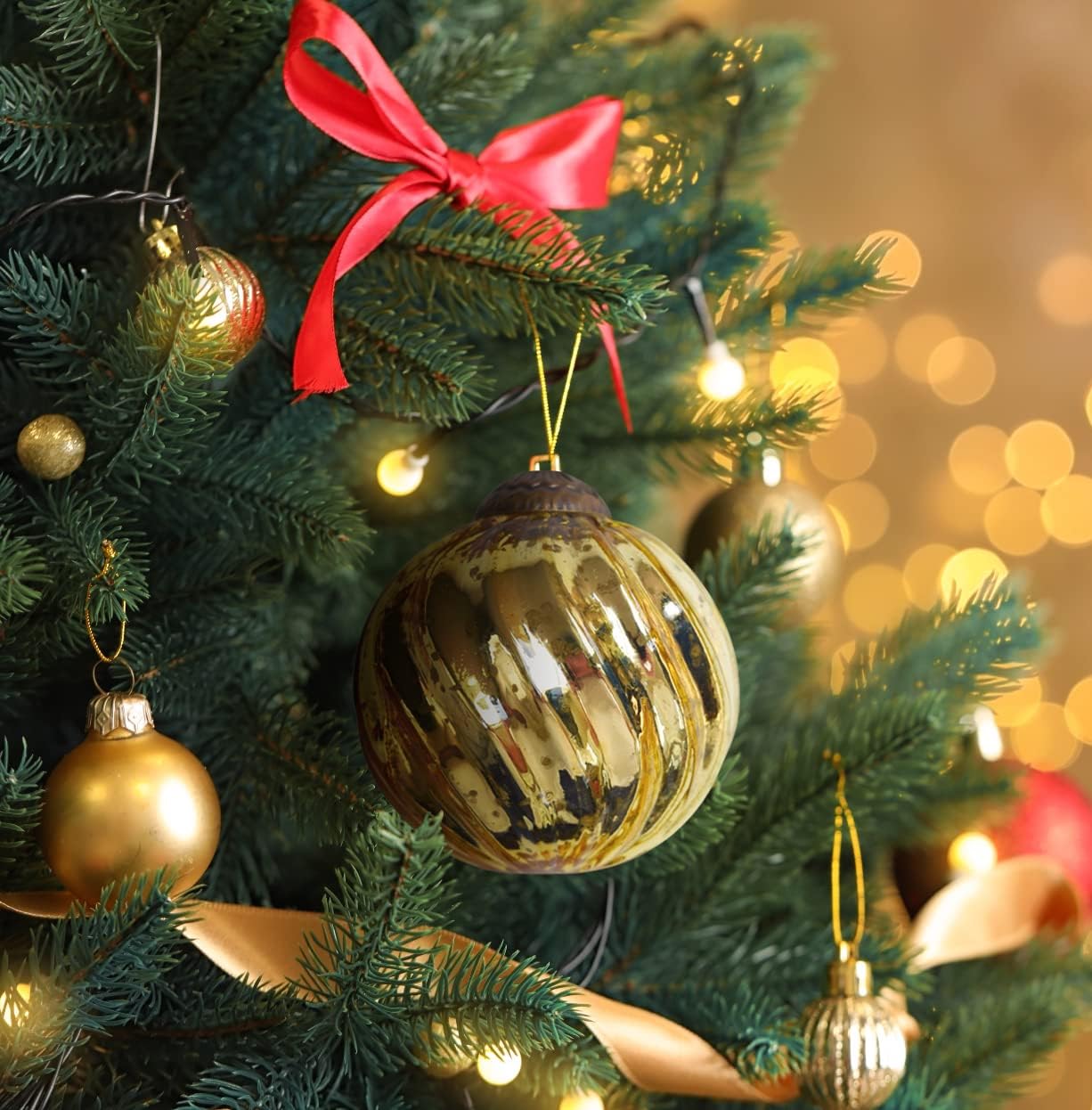 Set of 4 Gold Mercury Glass Ornaments 315 Inch Classic Twist Ball