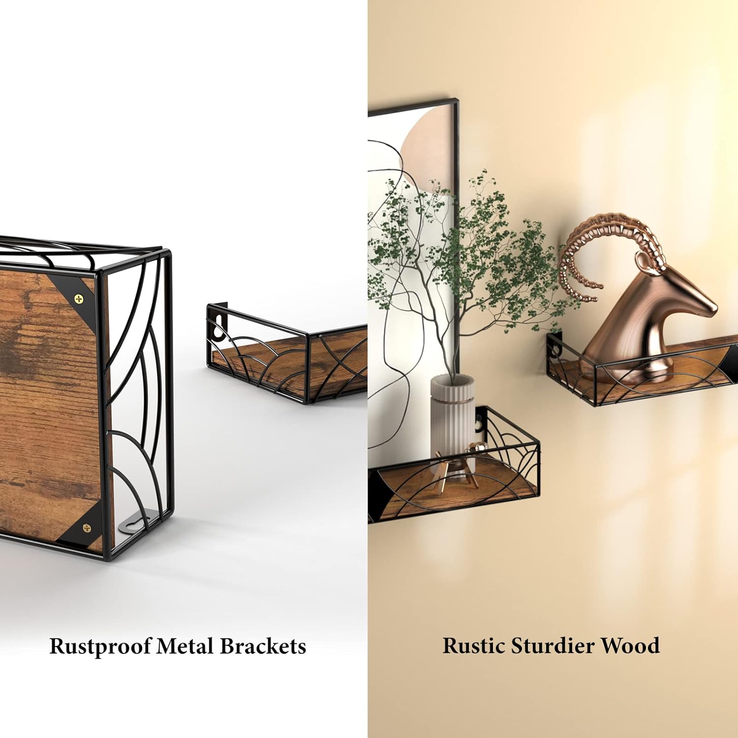MEBRUDY Floating Shelves Set of 2 Rustic Wall Shelves with Rhombic Design