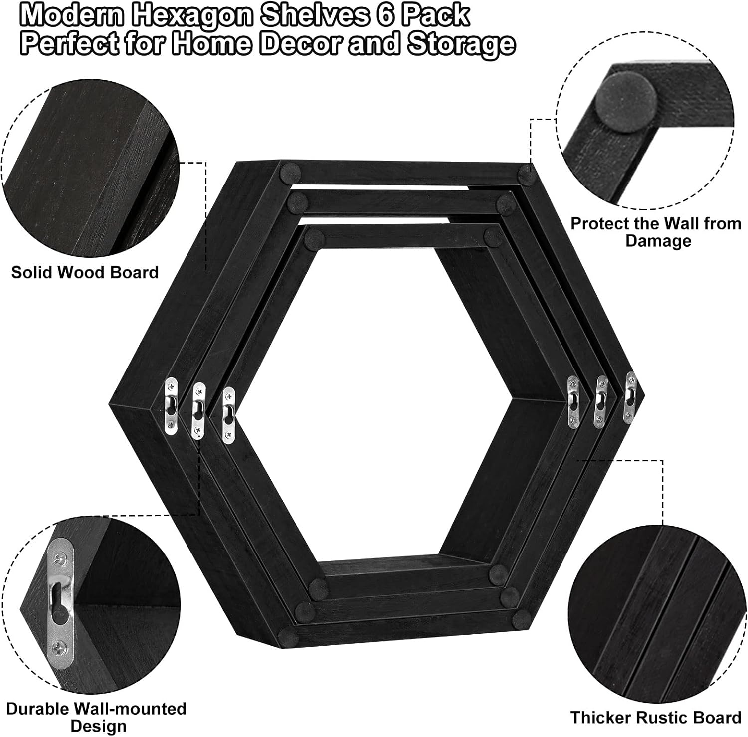 CADUKE Hexagonal Floating Shelves Set of 6 Black