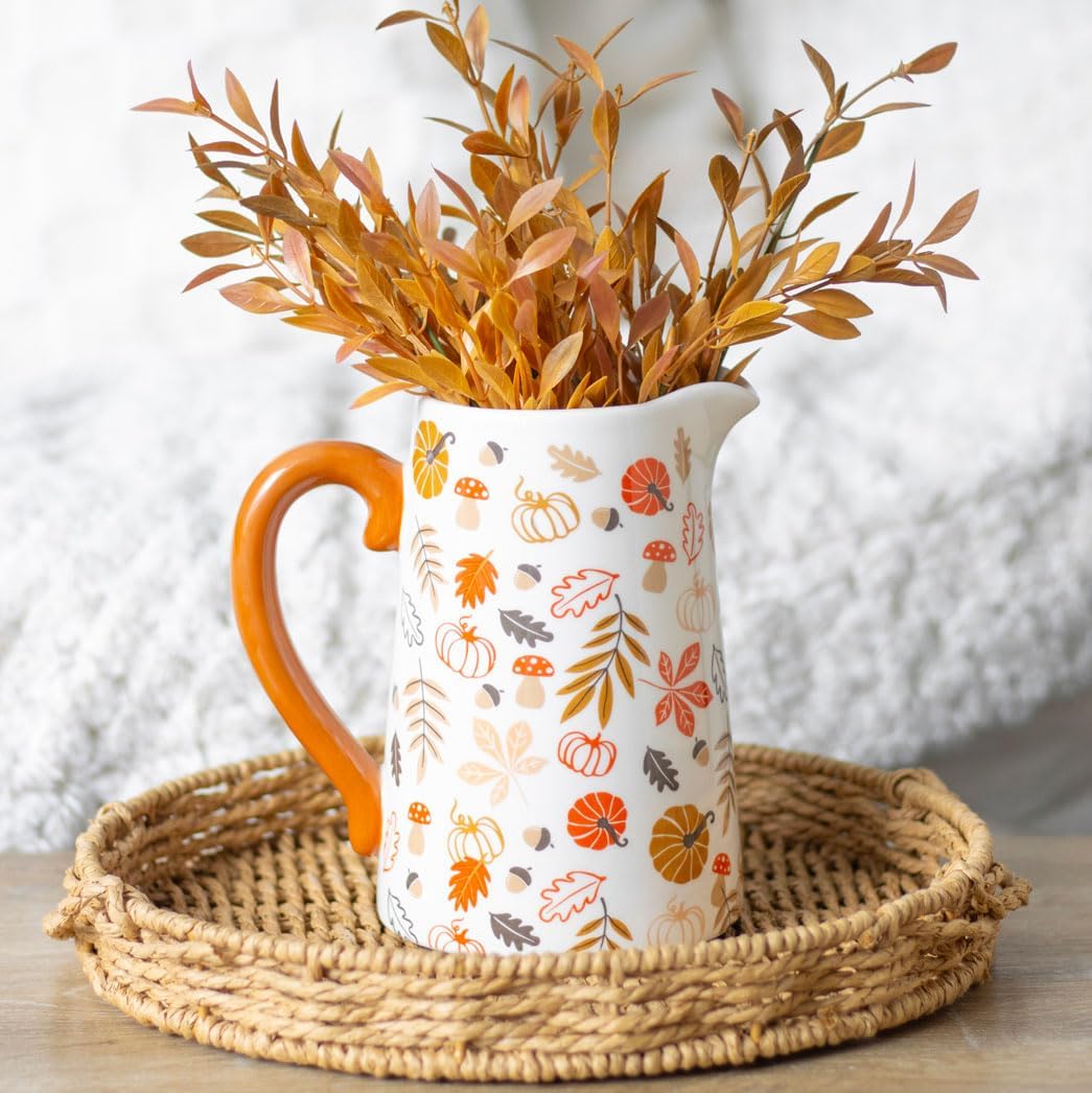 Rustic Autumn Ceramic Flower Jug with Pumpkin and Leaf Design