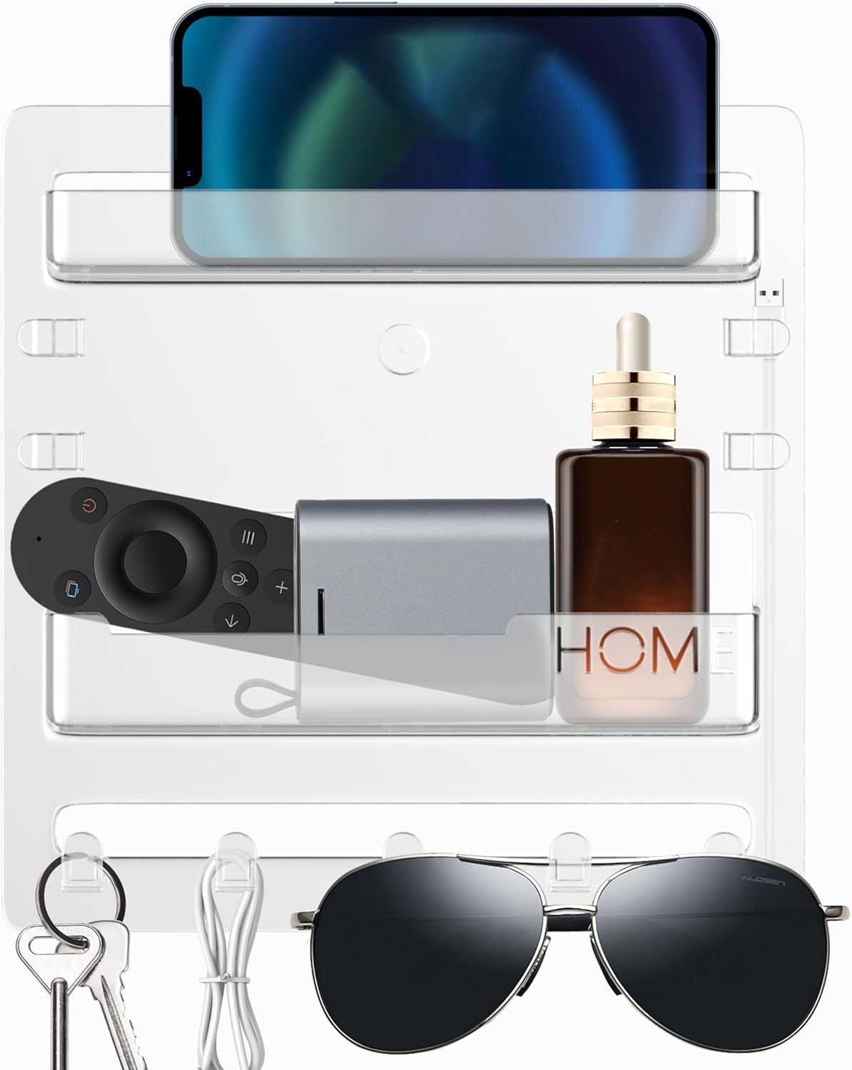 Epritliber Floating Bedside Shelf Organizer with 5 Hooks and Cable Clips