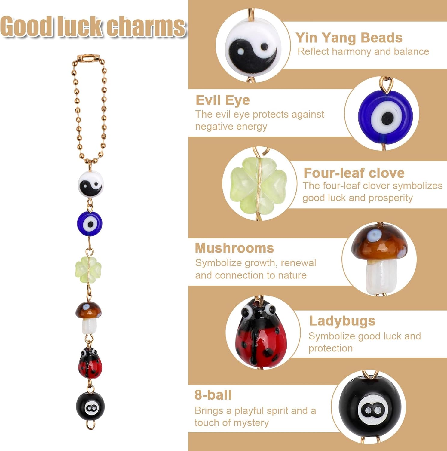 Evil Eye Car Charm with Yin Yang and Four Leaf Clover