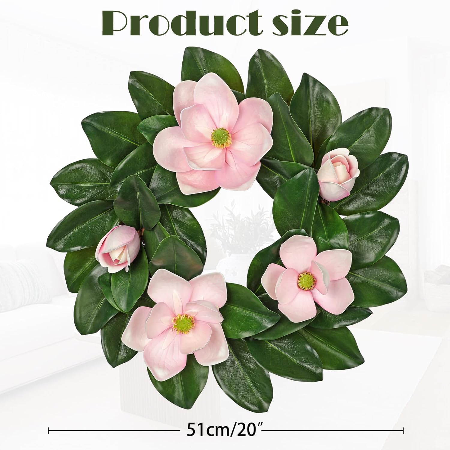 20 Inch Artificial Pink Magnolia Wreath for Front Door