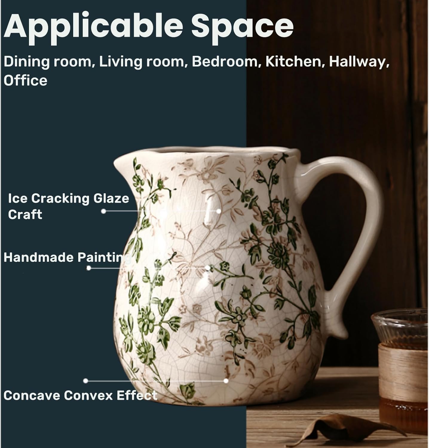 Beige Green Ceramic Vase with Handle for Home Decor