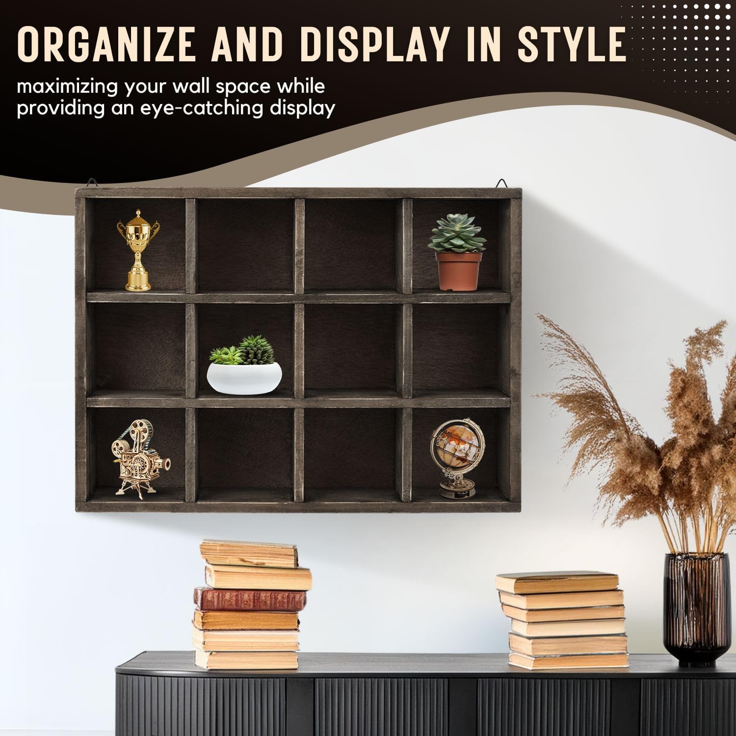 Flexzion 12-Compartment Floating Wooden Shelf