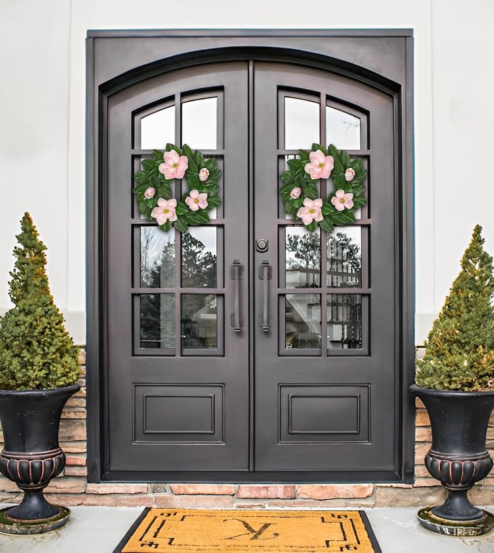 20 Inch Artificial Pink Magnolia Wreath for Front Door