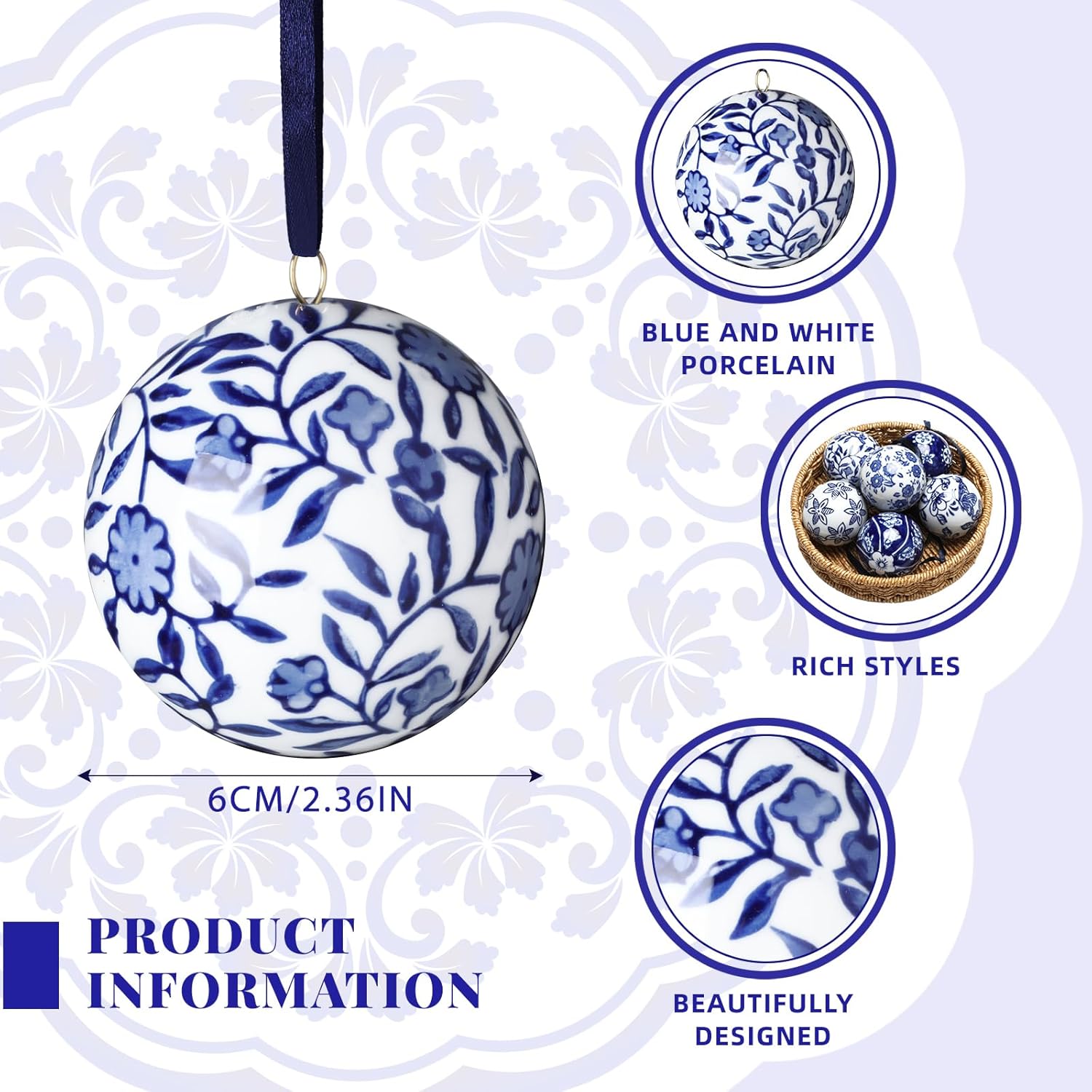 Cindeer 6 Pcs Christmas Porcelain Balls Blue White Decor