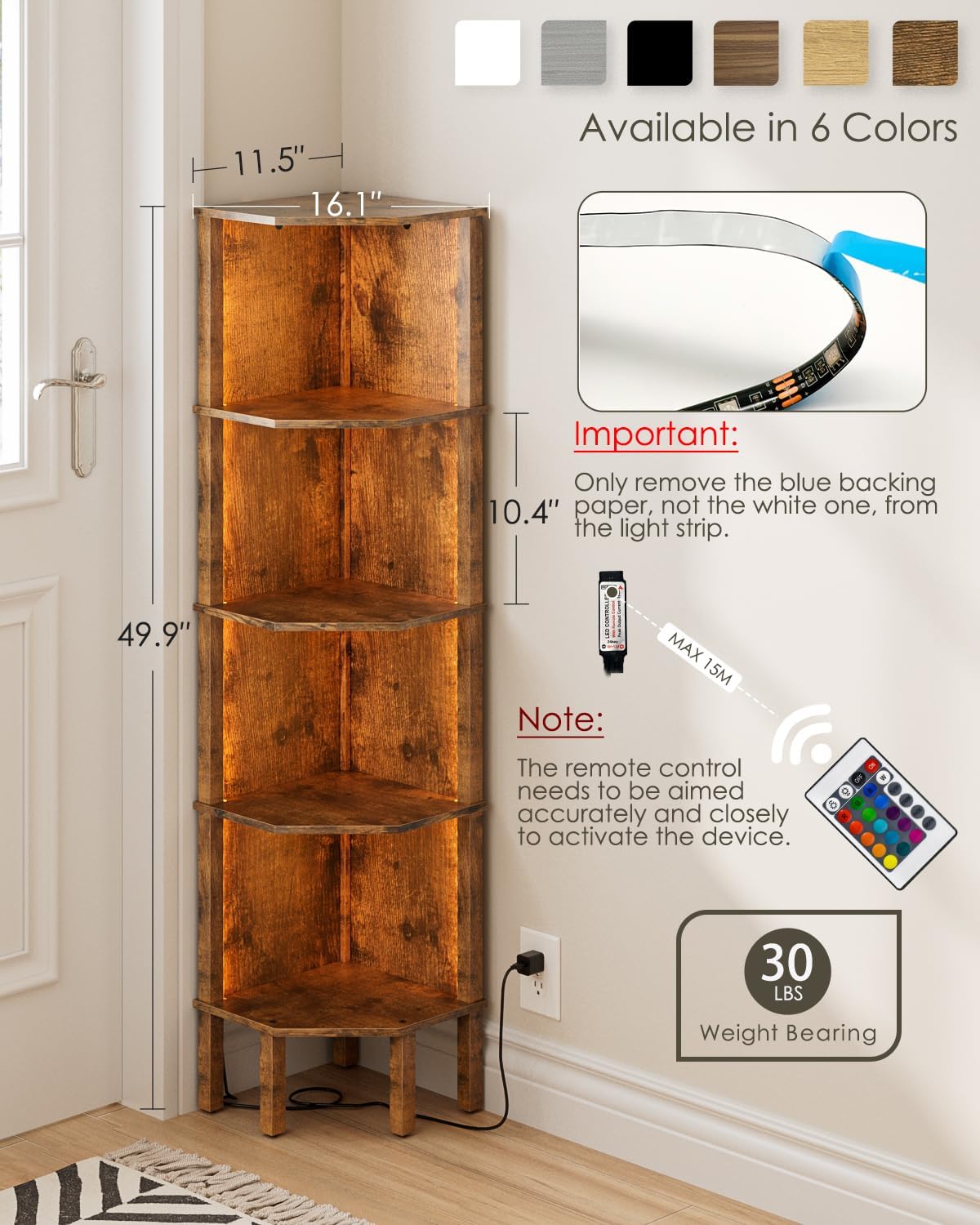 5 Tier Corner Bookshelf with LED Light and Storage