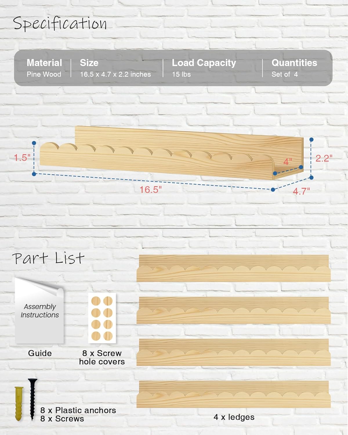 Harwaya Scalloped Wall Bookshelf 4-Pack Natural Pine