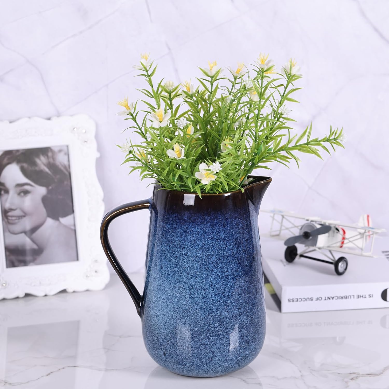 Blue Ceramic Pitcher Vase with Handle