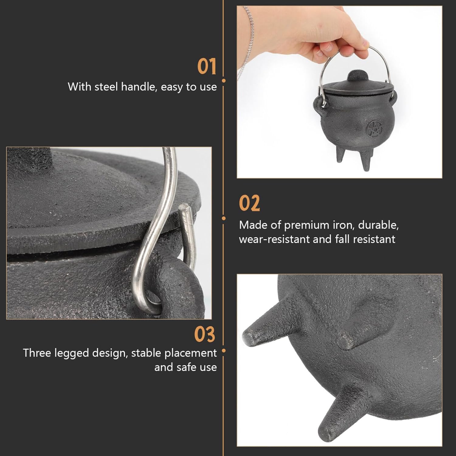 BESTonZON Triple Moon Cast Iron Cauldron with Lid Halloween Decor
