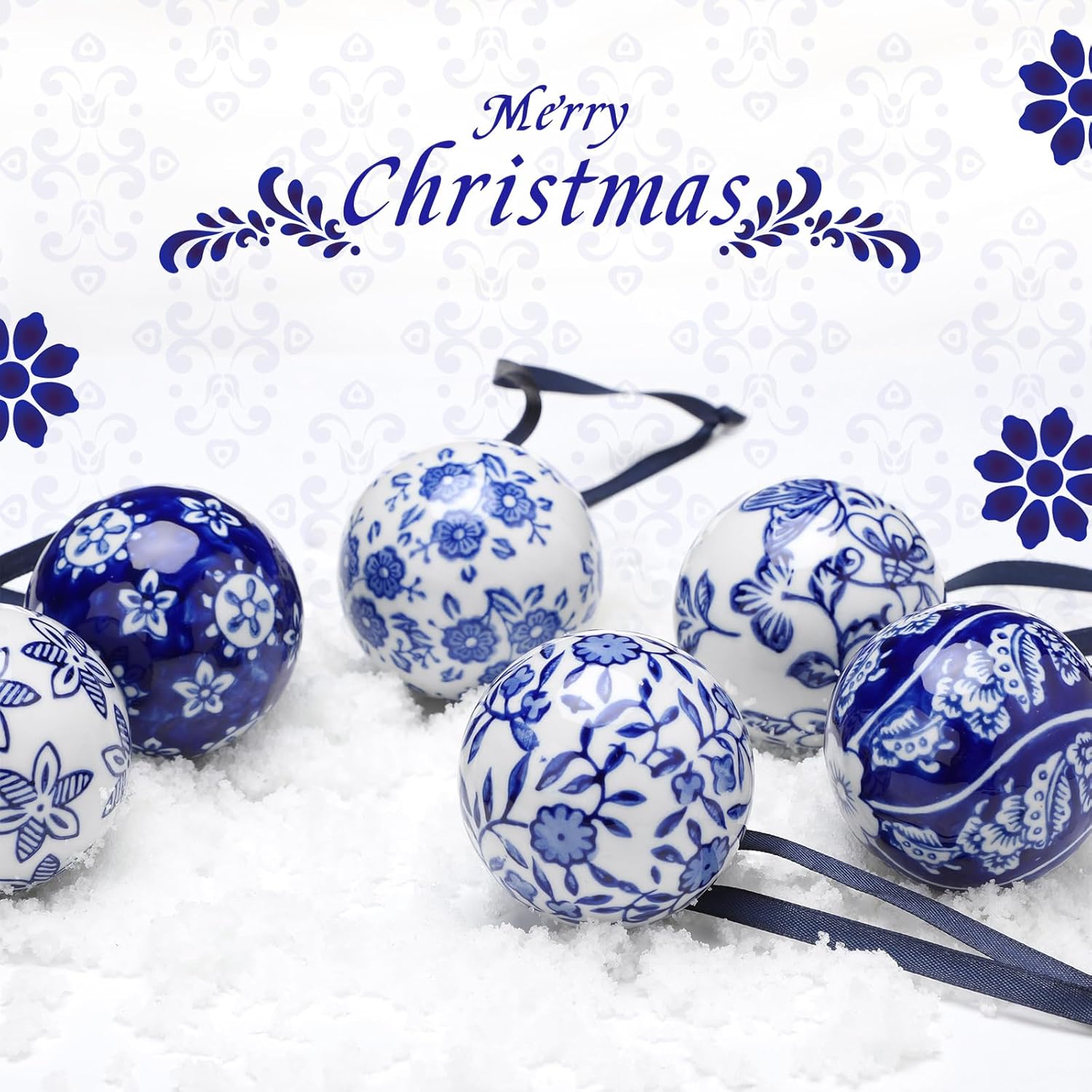 Cindeer 6 Pcs Christmas Porcelain Balls Blue White Decor