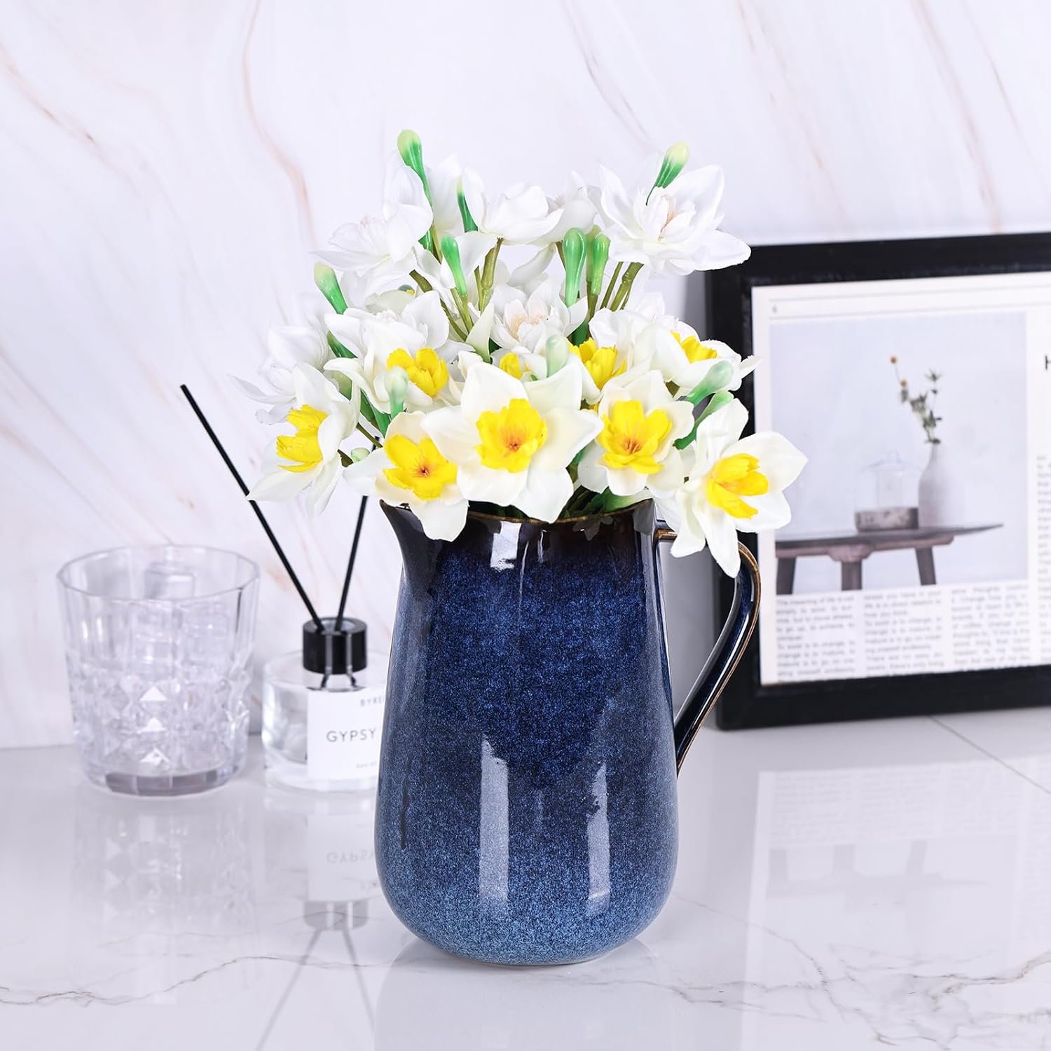 Blue Ceramic Pitcher Vase with Handles for Home Decor