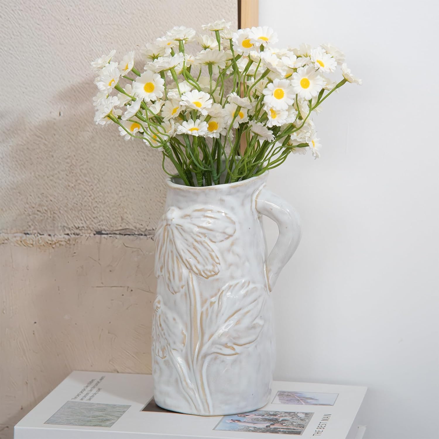 Beige White Pitcher Vase with Handle 7 Inch French Ceramic