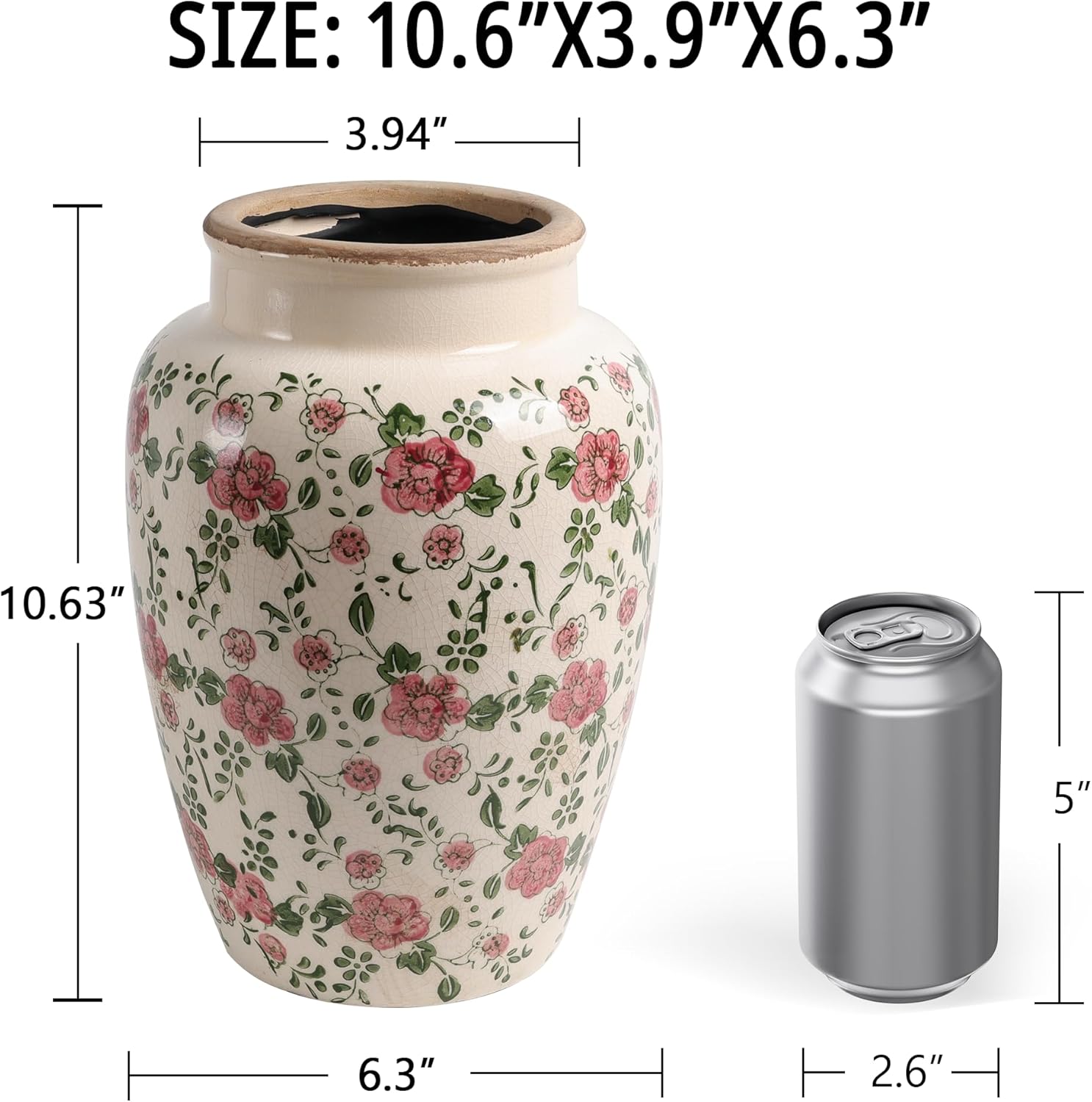 10 Inch Floral Farmhouse Ceramic Vase with Crackle Glaze