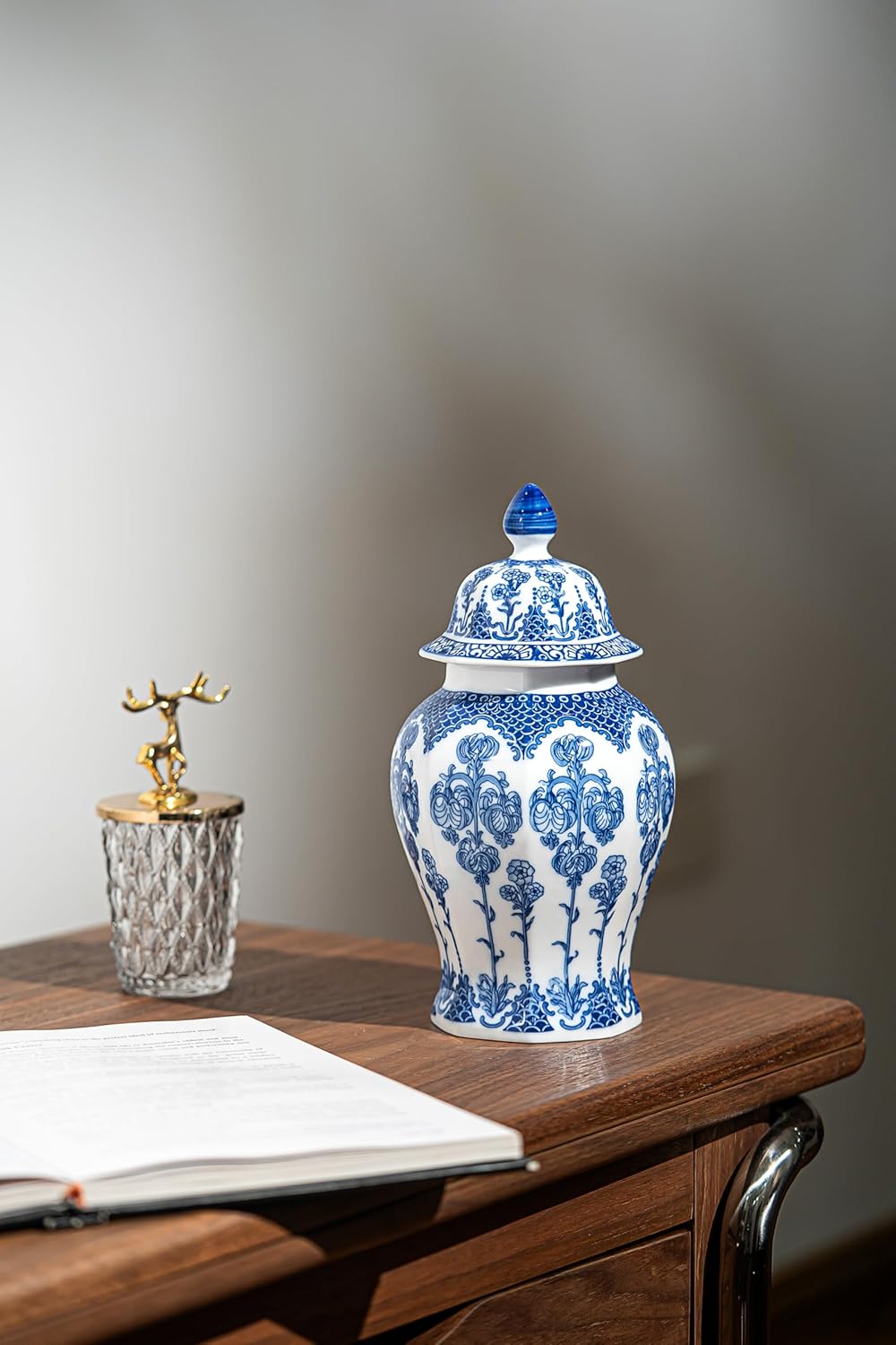 Blue and White Ginger Jar 15 Inch Ceramic Vase