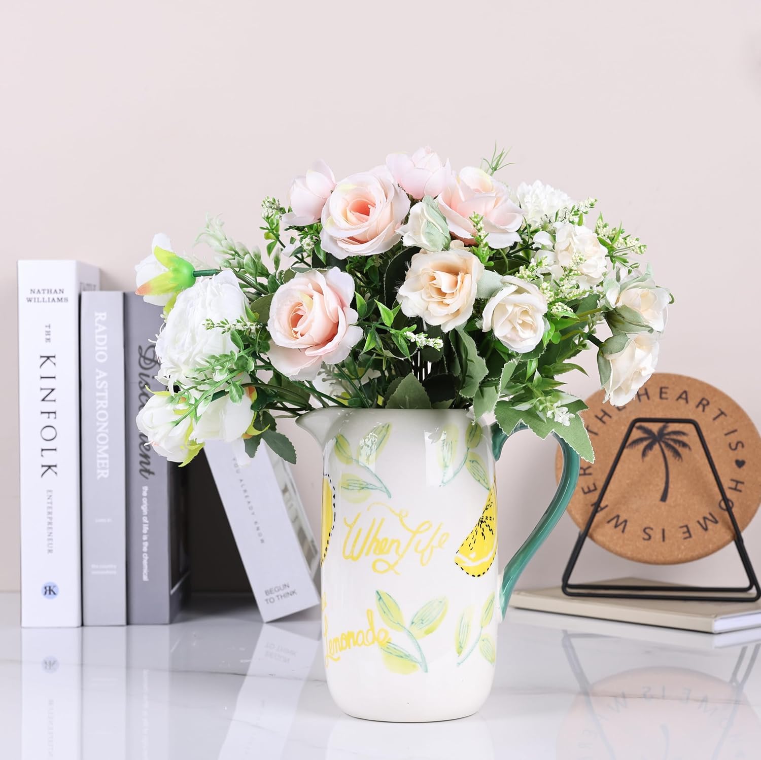 Floral Ceramic Pitcher Vase with Handle