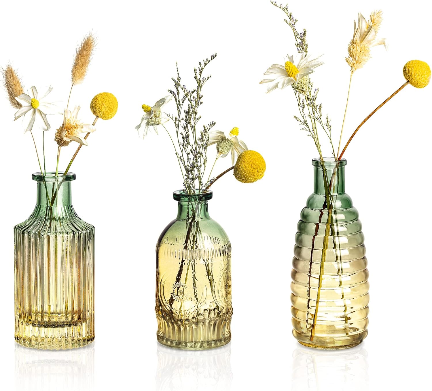 Joeyan Embossed Glass Vase Set of 3 Green and Amber