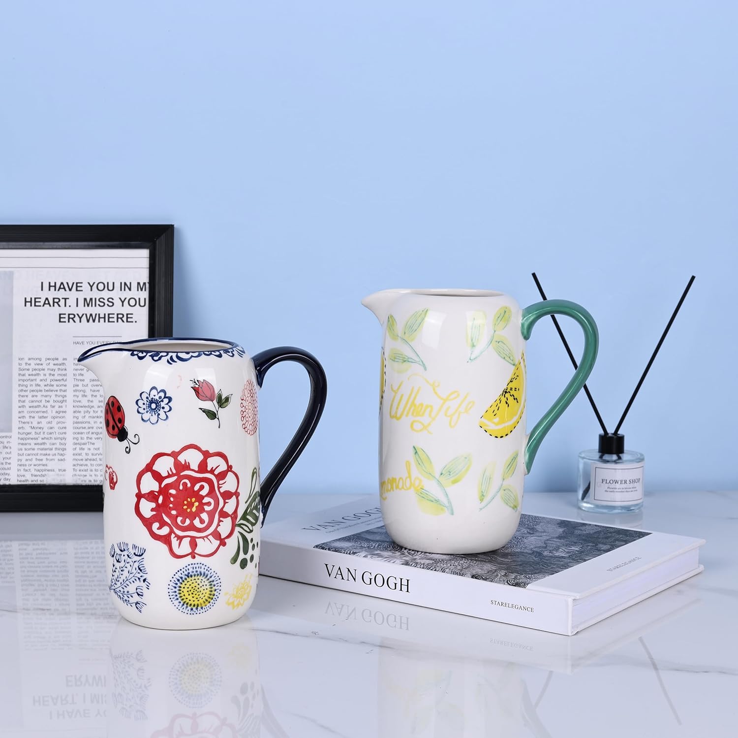 Floral Ceramic Pitcher Vase with Handle