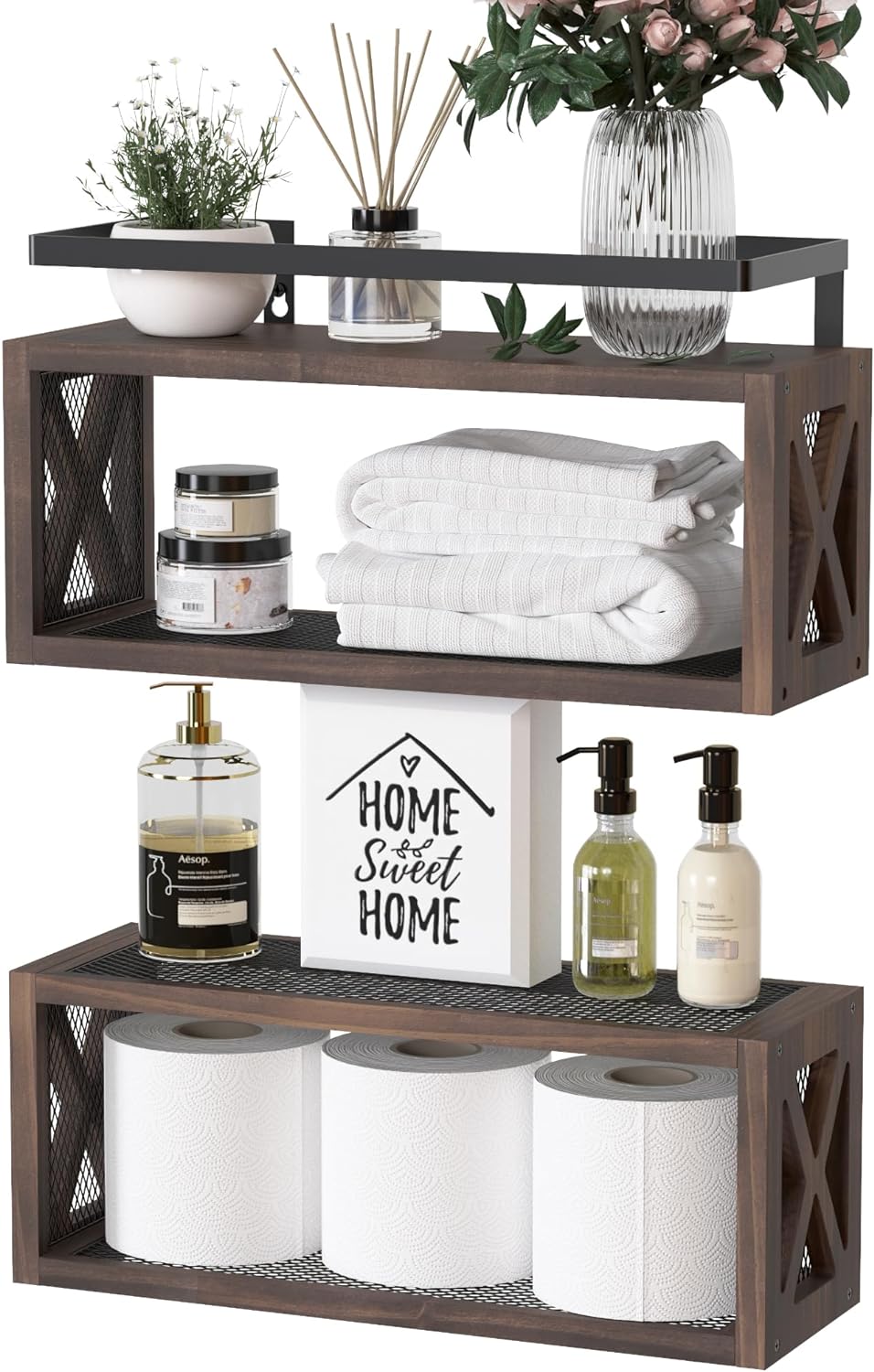RICHER HOUSE Floating Wood Shelves with Guardrail Rustic Brown 2 Shelves