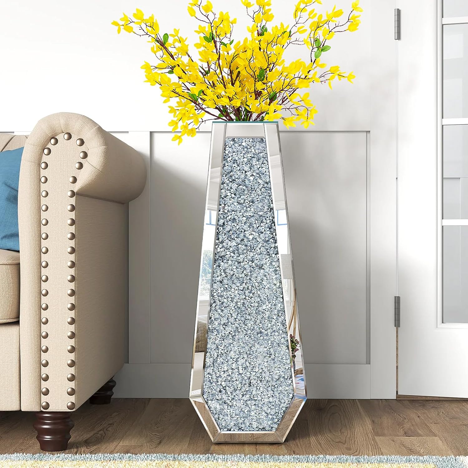 30 Inch Tall Crushed Diamond Floor Vase in Silver
