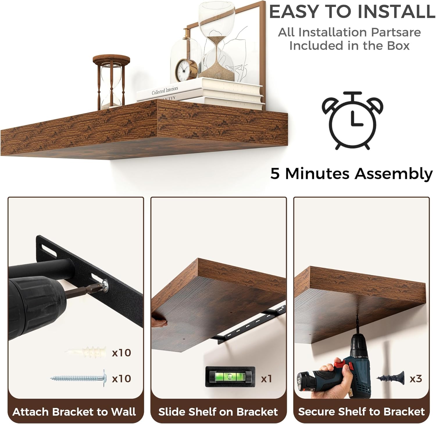 Venusmiles 36 Inch Wide Floating Wall Shelf - Brown