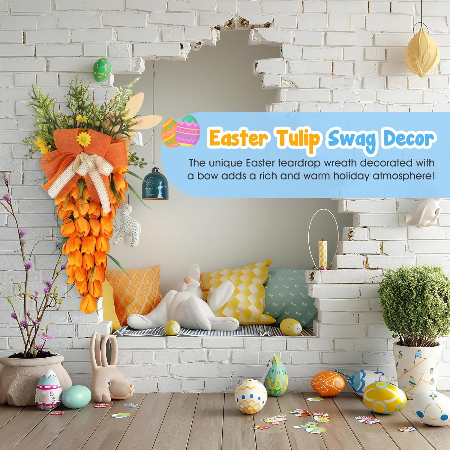 Easter Tulip Swag Decor with Bunny Handmade Wreath