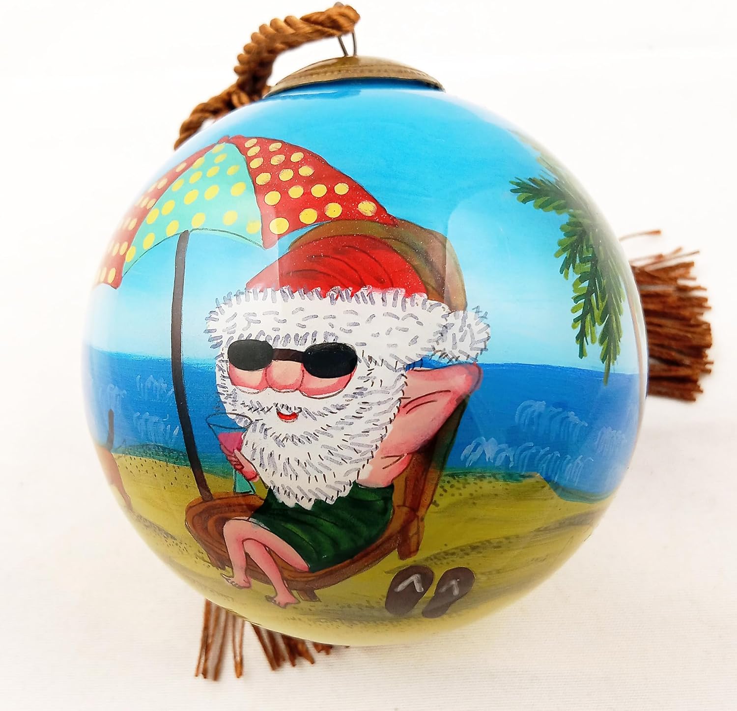 Inside-Painted Glass Ornament - Santa Beach Holiday Decor