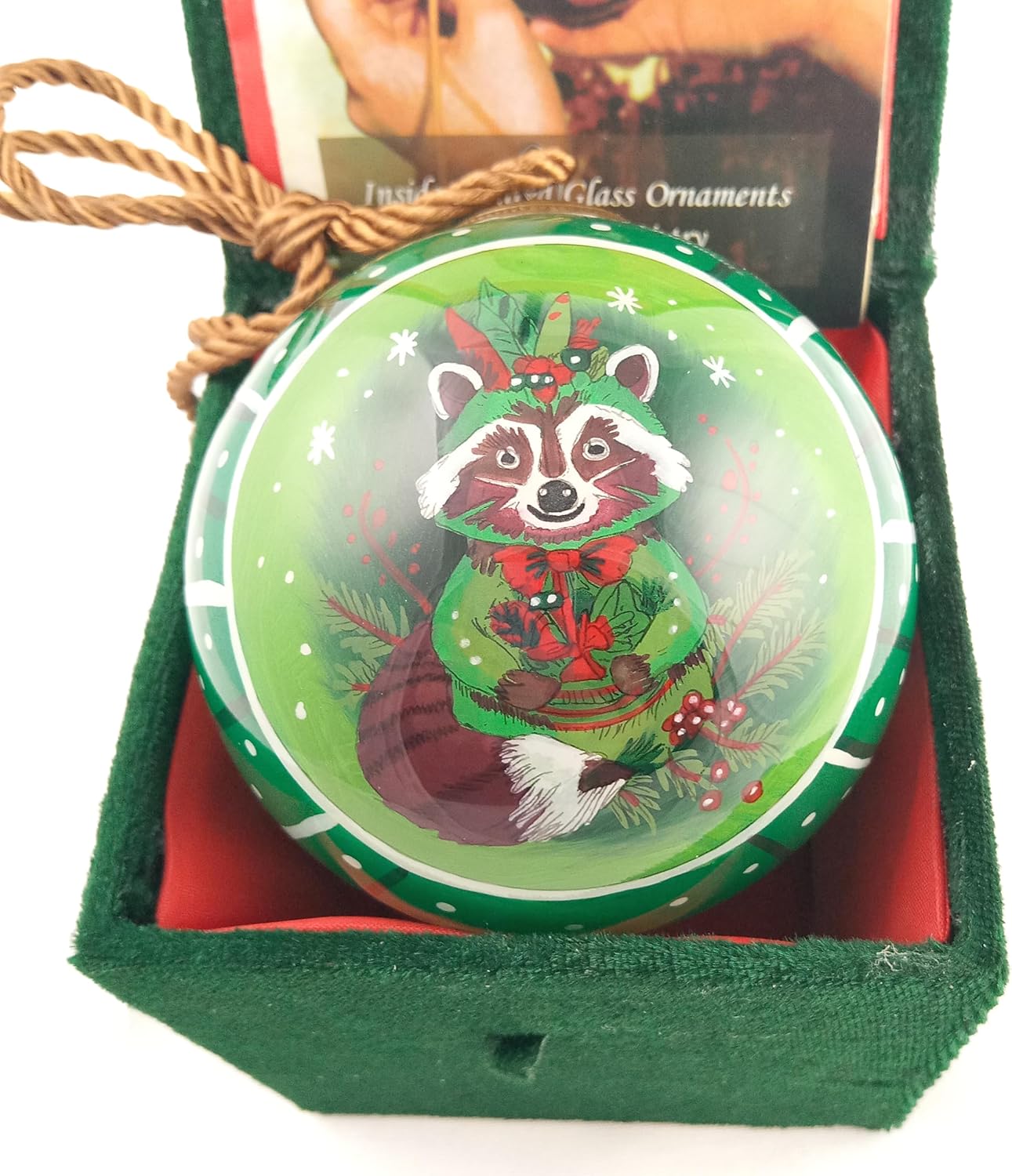 Raccoon Green Handcrafted Glass Ornament - Wildlife Art Collection