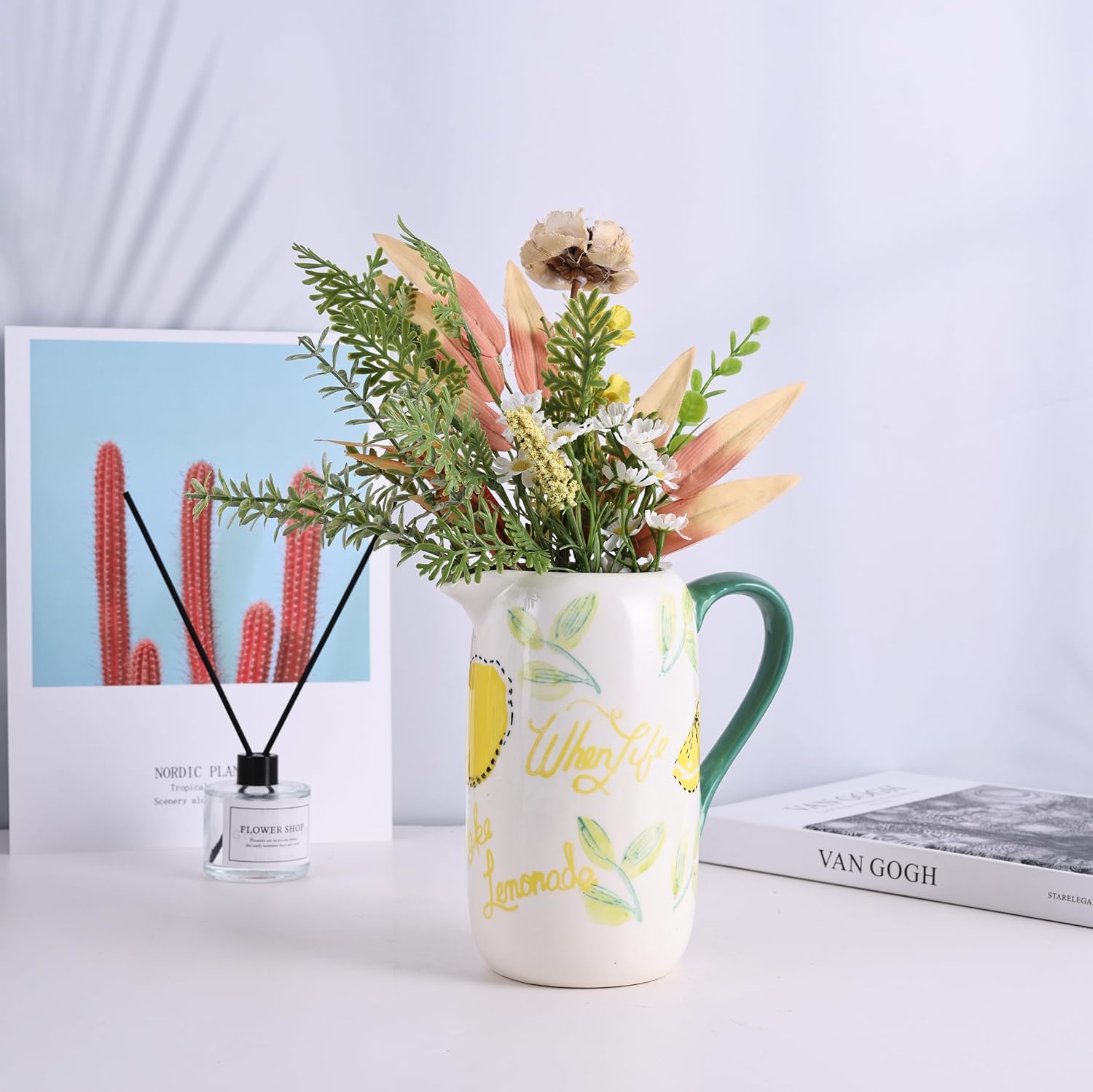 Floral Ceramic Pitcher Vase with Handle