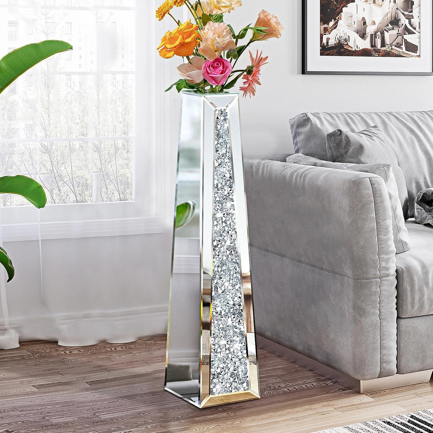 29 Inch Tall Crushed Diamond Floor Vase in Silver