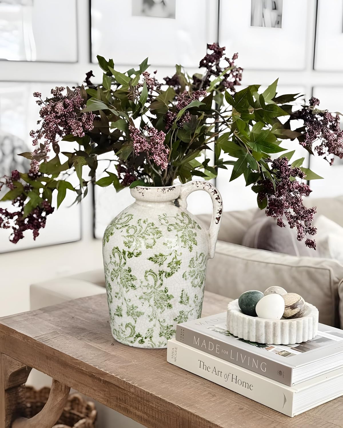 9 Inch Ceramic Green and White Vase for Centerpieces
