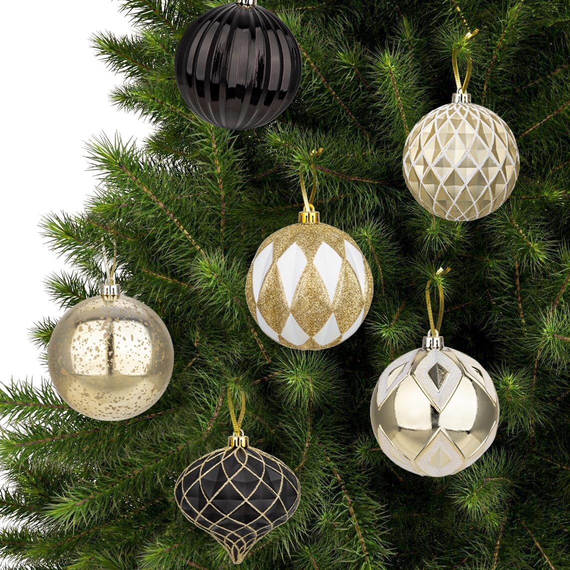 Hollyone 4 Inch Black White Gold Christmas Ornaments 12 Pcs