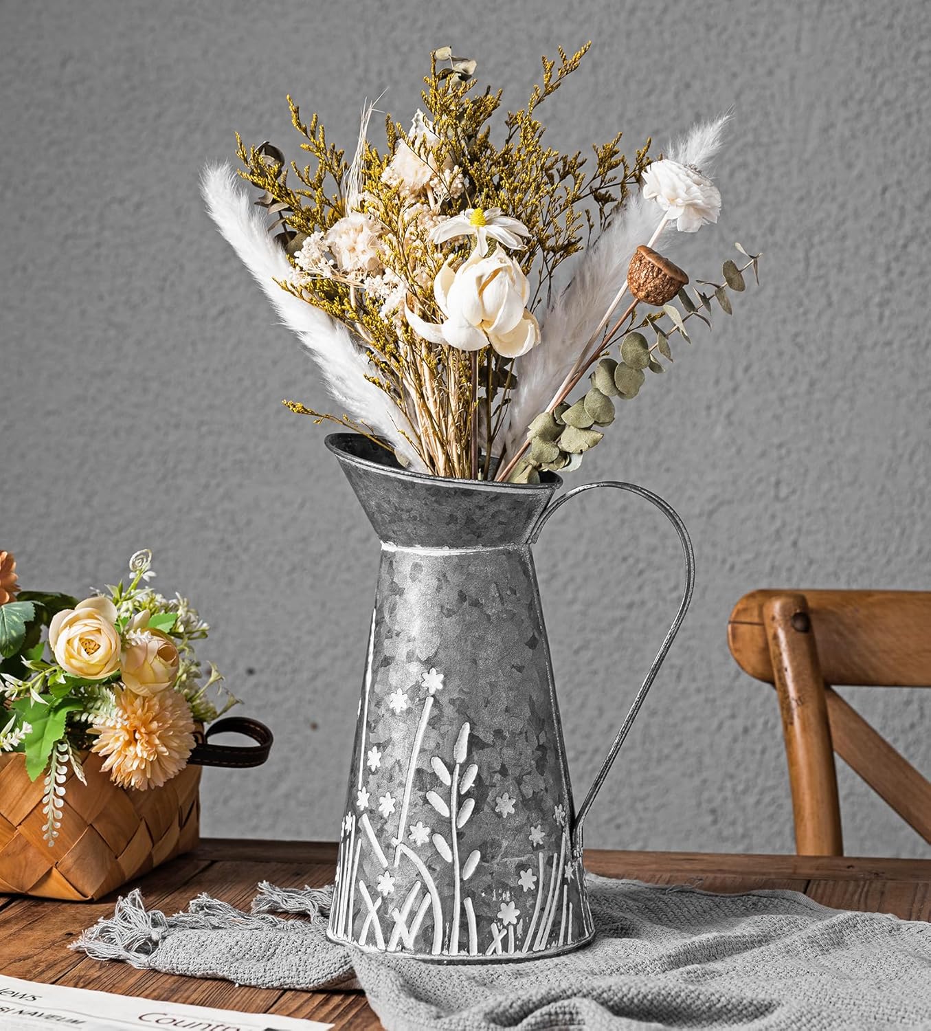 Vintage Galvanized Metal Pitcher Vase with Handle