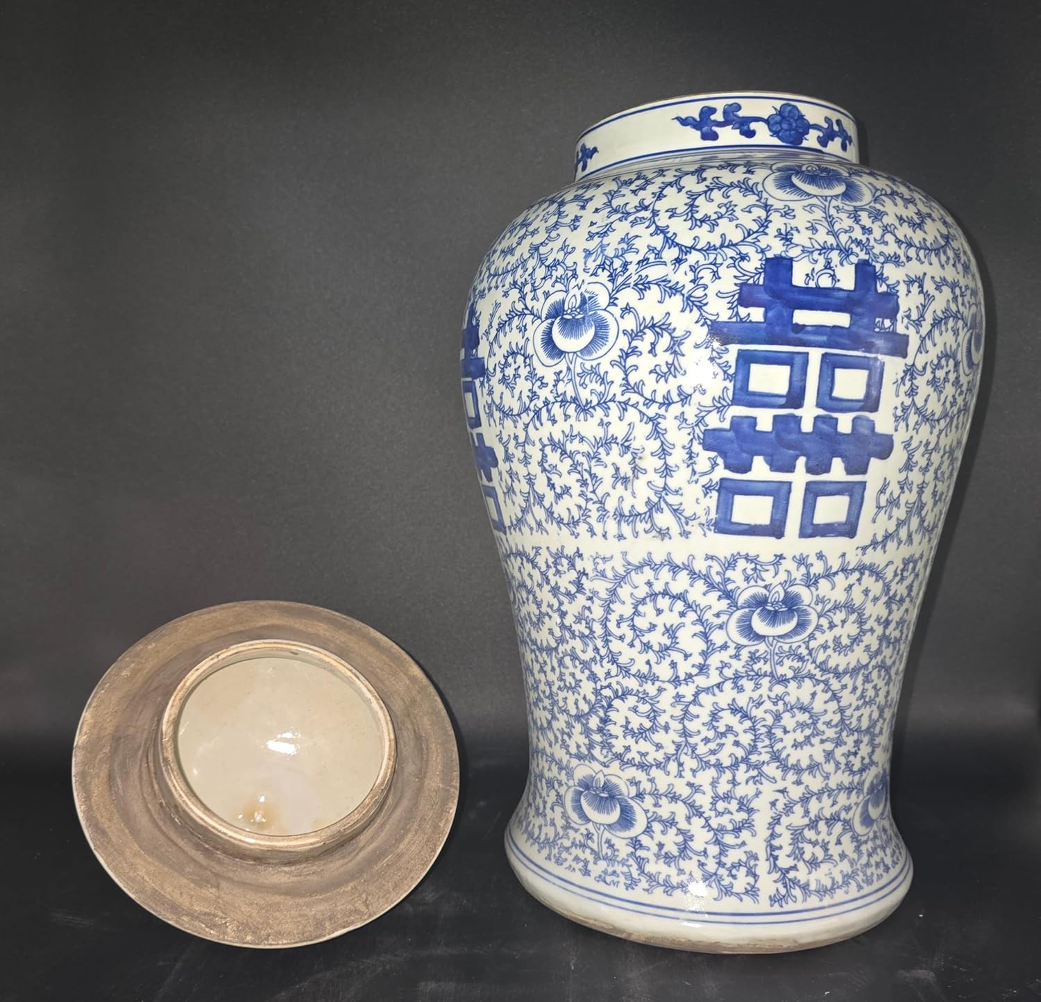 19 Inch Blue and White Ginger Jar Vase with Double Happiness Pattern