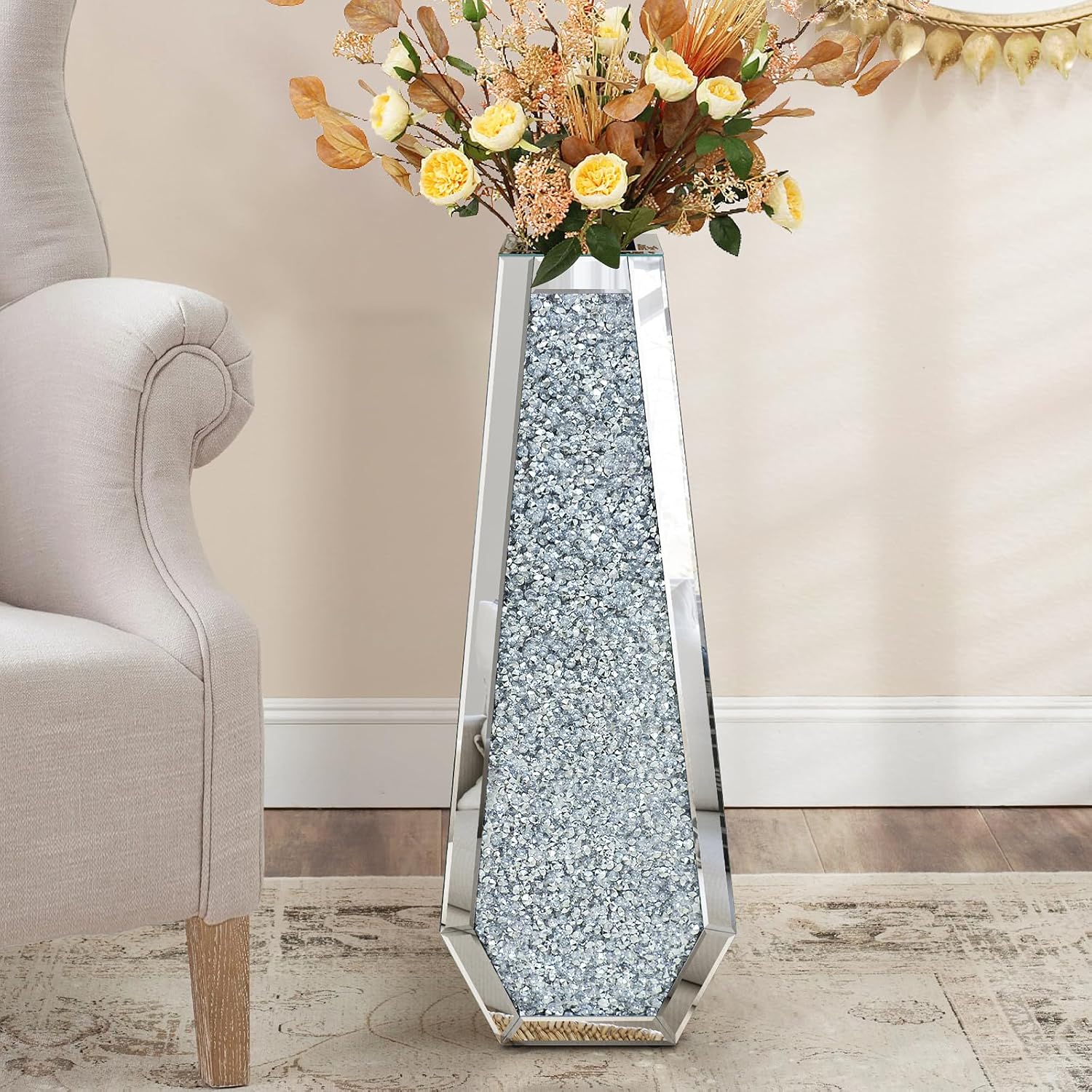 30 Inch Tall Crushed Diamond Floor Vase in Silver