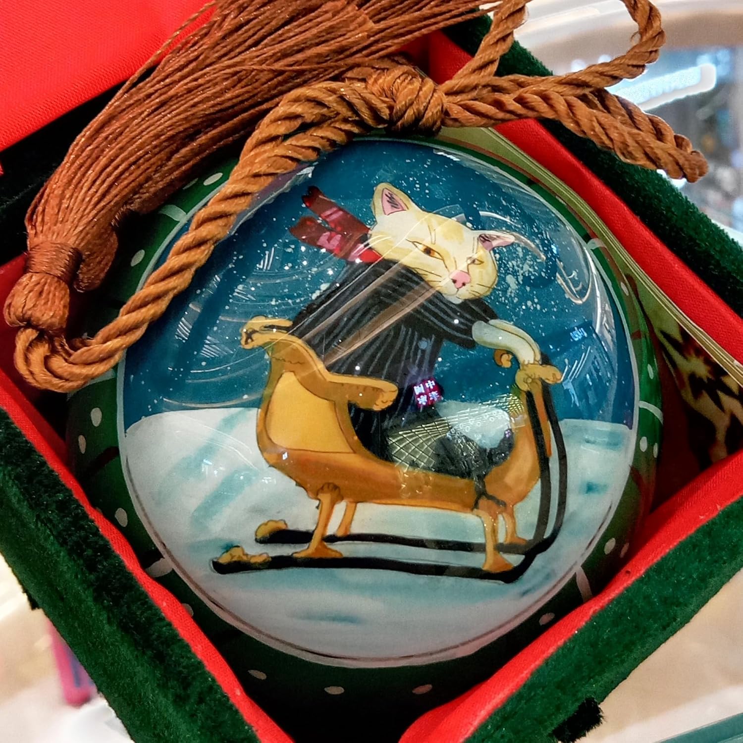 OKEA Ski Cat Green Inside Painted Glass Ornament