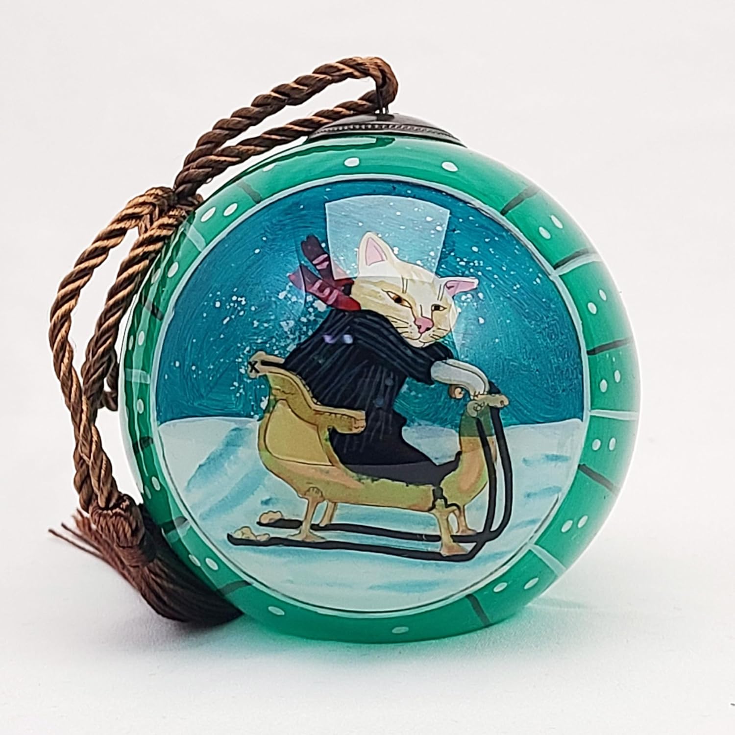 OKEA Ski Cat Green Inside Painted Glass Ornament