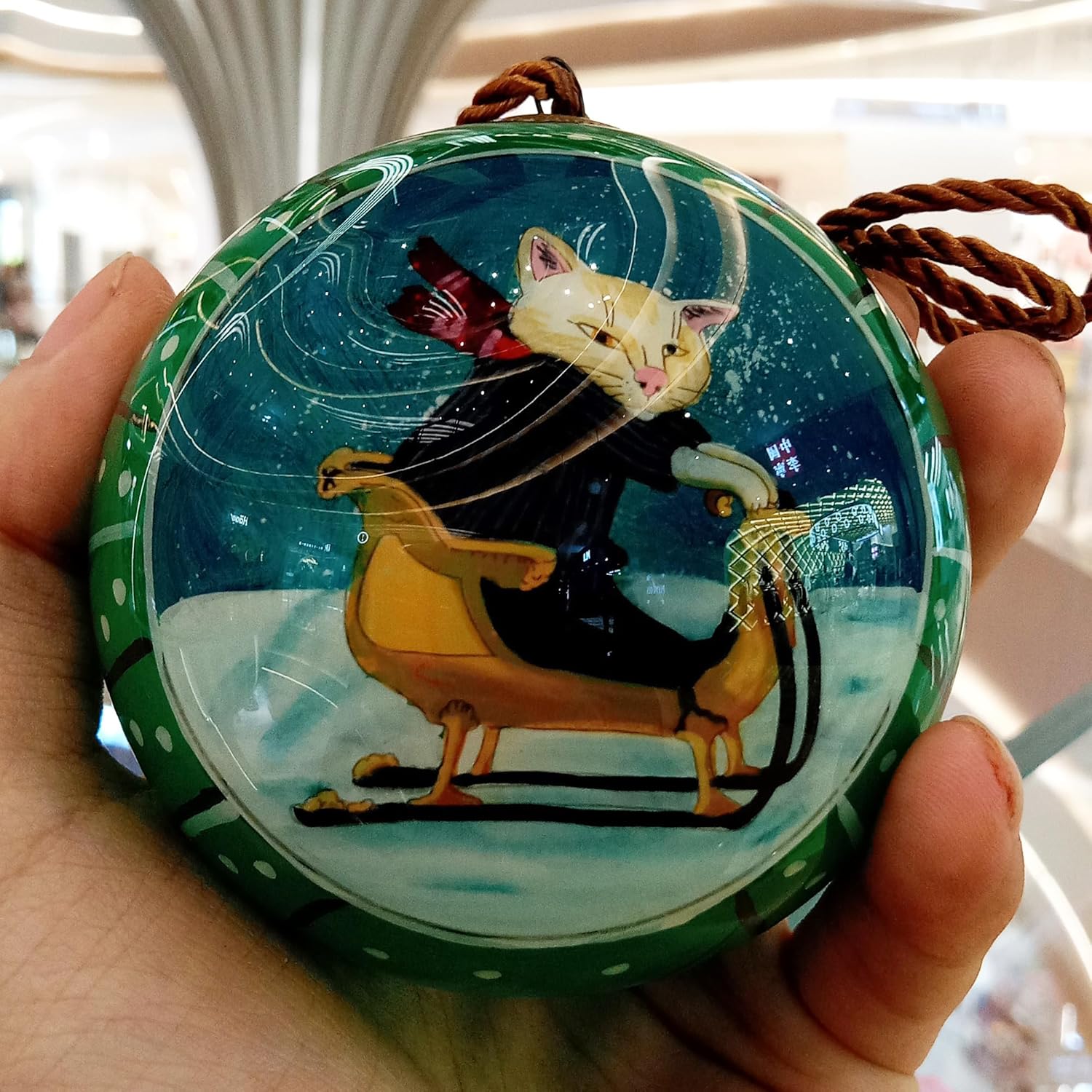 OKEA Ski Cat Green Inside Painted Glass Ornament