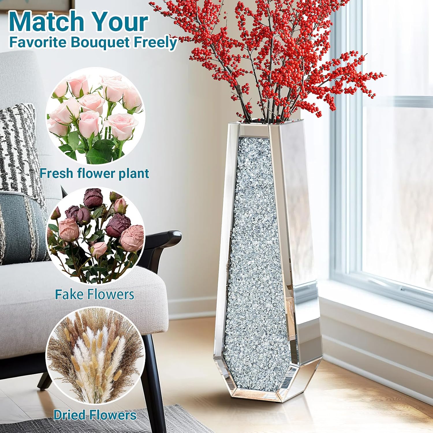 30 Inch Tall Crushed Diamond Floor Vase in Silver